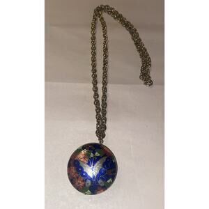 Vintage Cloisonne Round Butterfly Pendant Necklace Gold Tone Blue Colorful
